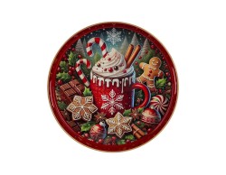 Vassoio natalizio tondo in melamina Candy da 33 cm con sponda rossa alta 4 cm, manici integrati e illustrazioni
