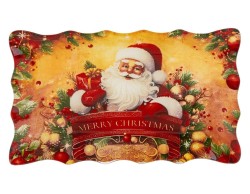 Centrotavola natalizio in vetro Babbo Natale 24,5x15 cm con bordo ondulato sagomato, scritta Merry Christmas