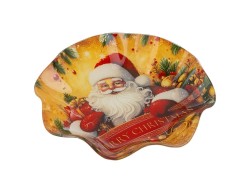 Centrotavola natalizio tondo in vetro Babbo Natale da 19 cm con bordo ondulato a coppa