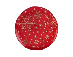 Piatto sottopiatto natalizio tondo in vetro rosso da 33 cm con fiocchi di neve e stelline dorate per la tavola delle feste.