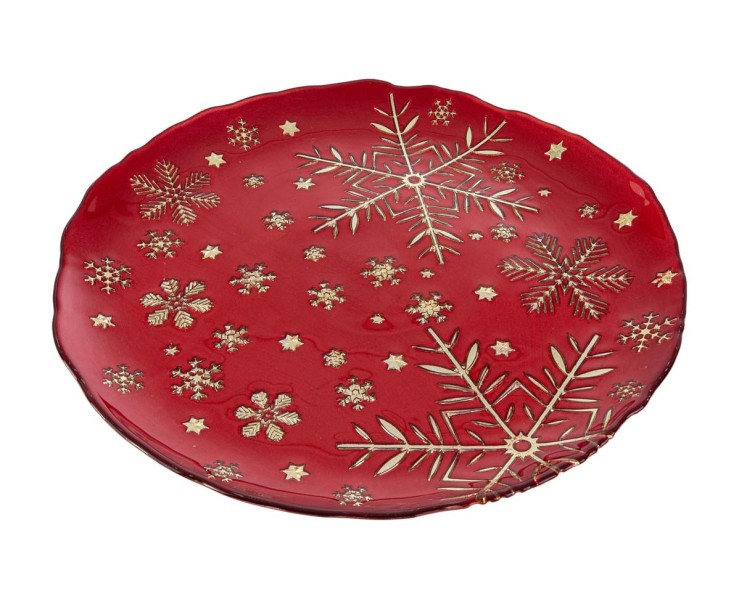 Piatto sottopiatto natalizio in vetro rosso fiocchi di neve dorati diametro 33 cm – Decorazione Natalizia Le Stelle su Bomboniere Dolci Emozioni
