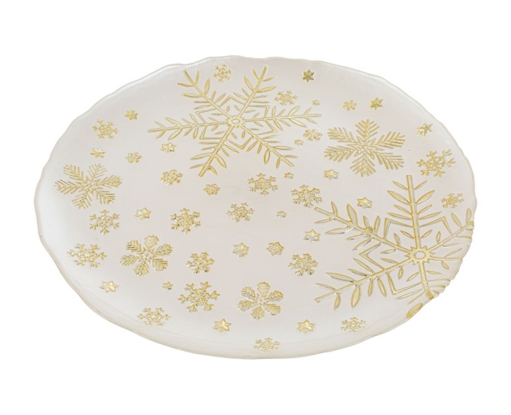 Piatto sottopiatto natalizio in vetro oro bianco fiocchi di neve dorati diametro 33 cm – Decorazione Natalizia Le Stelle su Bomboniere Dolci Emozioni