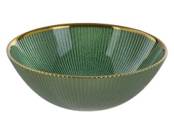 Set 6 piatti fondi in vetro verde da 20 cm con bordatura filo oro e lavorazione plissé a righe per la tavola delle feste.