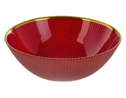 Set 6 piatti fondi in vetro rosso da 20 cm con bordatura filo oro e lavorazione plissé a righe per la tavola di Natale.