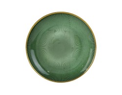 Set 6 piatti tondi in vetro verde da 31 cm con bordatura filo oro e lavorazione plissé a raggiera per la tavola elegante.