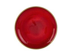 Set 6 sottopiatti tondi in vetro rosso da 31 cm con bordatura filo oro e lavorazione plissé a raggiera per la tavola di Natale.
