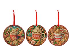 Set 3 mattonelle tonde in ceramica da 11 cm con illustrazioni dolci di Natale in rilievo e nastro rosso da appendere.
