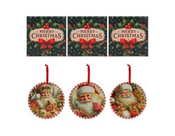 Mattonella tonda in ceramica da 20 cm con Babbo Natale in rilievo, bordatura a righe rosse e bianche, nastro e scatola regalo.