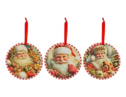 Set 3 mattonelle tonde natalizie da 11 cm con Babbo Natale in rilievo dorato e nastro di raso rosso da appendere.