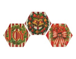 Set 3 mattonelle esagonali natalizie in ceramica da 11x9,5 cm con decori Joy, campane e stelle di Natale in rilievo dorato.