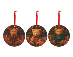 Set 3 mattonelle tonde natalizie diametro 11 cm con orsetti in rilievo e nastro rosso da appendere.
