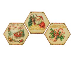 mattonelle esagonali natalizie vintage in ceramica da 11x9,5 cm con Babbo Natale, slitta e bastoncini di zucchero