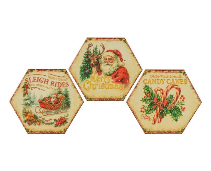 mattonelle esagonali natalizie vintage in ceramica da 11x9,5 cm con Babbo Natale, slitta e bastoncini di zucchero