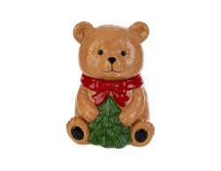 Scatola porta biscotti in ceramica a forma di orsetto natalizio marrone con fiocco rosso e albero di Natale di altezza 22 cm.