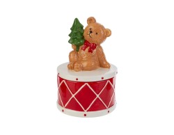Scatola porta caramelle in ceramica a forma di tamburo rosso e statuina orsetto con alberello di Natale altezza 18 cm.