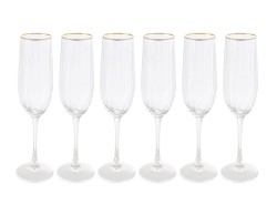 6 calici flute in vetro trasparente lavorato a righe verticali con bordo rifinito da filo oro per brindisi natalizi ed eleganti.