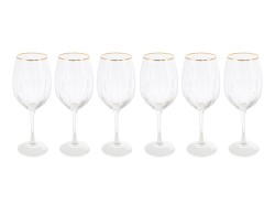 Set da 6 calici da vino in vetro trasparente con lavorazione scanalata a righe verticali e bordo dorato con filo oro.