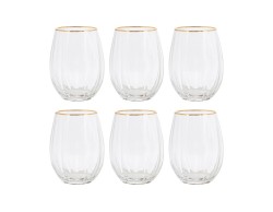 Set da 6 bicchieri per acqua in vetro trasparente con scanalature verticali e bordo dorato con filo oro.