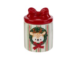 Piccolo barattolo contenitore natalizio in ceramica a righe 9x10x13 cm con renna 3D in rilievo e coperchio rosso con fiocco.
