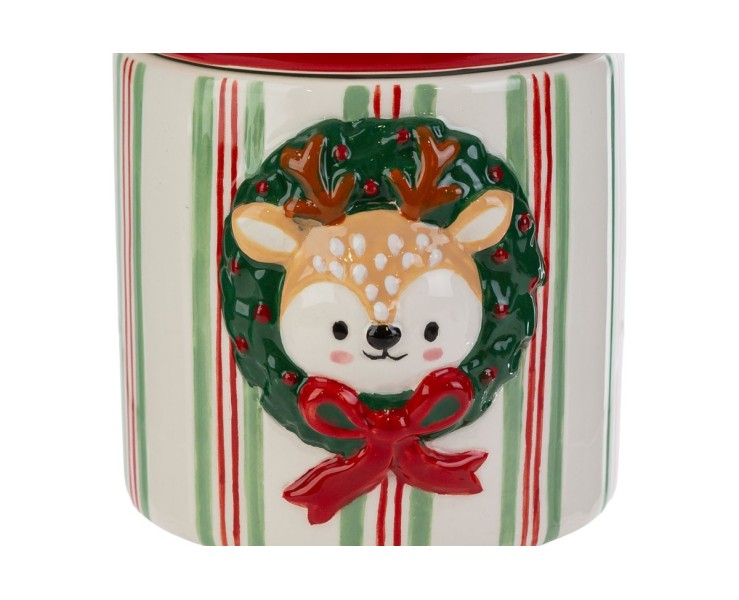 Barattolo contenitore natalizio in ceramica a righe con renna  – Decorazione Natalizia Le Stelle su Bomboniere Dolci Emozioni