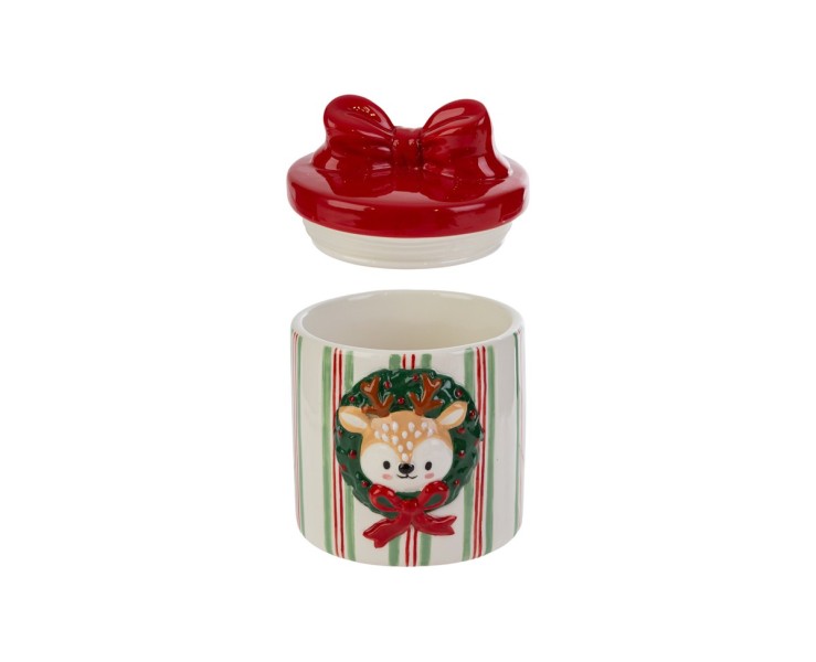 Barattolo contenitore natalizio in ceramica a righe con renna  – Decorazione Natalizia Le Stelle su Bomboniere Dolci Emozioni