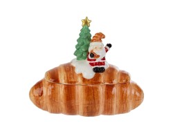 Biscottiera natalizia in ceramica a forma di croissant 25x14x22 cm con coperchio 3D Babbo Natale e alberello di Natale.