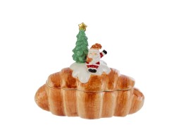 Biscottiera natalizia in ceramica a forma di croissant 20x12x17 cm con coperchio 3D Babbo Natale e alberello di Natale.