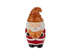 Biscottiera statuetta natalizia in ceramica 12x13x20 cm Babbo Natale con croissant e coperchio cappello.
