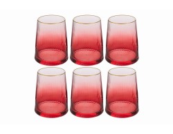 Set 6 bicchieri acqua in vetro rosso sfumato con finitura plissettata e bordo oro.