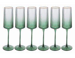 Set 6 calici flute spumante in vetro verde sfumato con finitura plissettata e bordo oro.