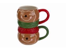 Set 2 tazze mug impilabili in ceramica a forma di omino di pan di zenzero natalizio.