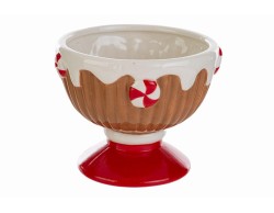 Ciotola natalizia con piedistallo in ceramica marrone e rossa con decorazione glassa e caramelle 12x10 cm.