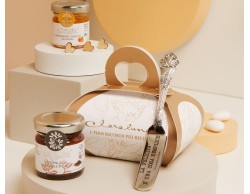 Bomboniera Claraluna con Marmellata di Mandarino, Crema di Nocciole e Cacao e Coltellino in Scatola Botanica