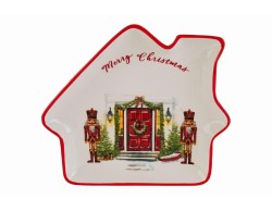Vassoio natalizio sagomato a forma di casetta in porcellana 25x23x3 cm con decoro Schiaccianoci e scritta Merry Christmas.