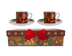 Set regalo natalizio con 2 tazzine da caffè in porcellana e piattini decorati con Babbo Natale