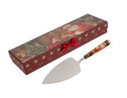 Pala torta natalizia in acciaio inox con manico in porcellana decorato con Babbo Natale