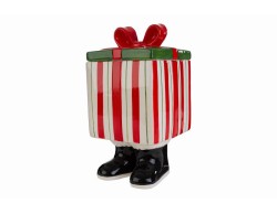 Barattolo natalizio in porcellana a forma di pacco regalo a righe rosse e bianche con stivaletti neri e fiocco rosso