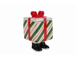 Barattolo natalizio a forma di pacco regalo a righe verdi e bianche con stivaletti neri e fiocco rosso 8x8xh15 cm.