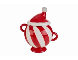 Barattolo natalizio in porcellana a righe bianche e rosse con manici e coperchio a forma di cappello di Babbo Natale