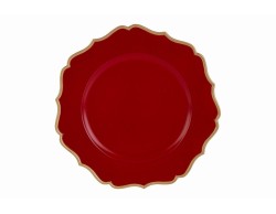 Vassoio natalizio rotondo in melamina rosso lucido con bordo ondulato sagomato in oro diametro 33 cm.