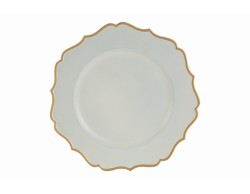 Vassoio natalizio rotondo in melamina color panna lucido con bordo ondulato sagomato in oro diametro 33 cm.