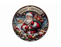 Vassoio natalizio rotondo piatto in melamina con illustrazione di Babbo Natale e scritta Merry Christmas diametro 40 cm.