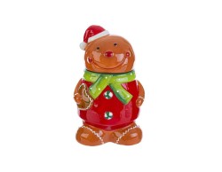 Scatola porta biscotti natalizia in ceramica smaltata a forma di omino di zenzero con vestito rosso e cappello di Babbo Natale