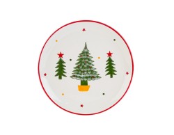 Piatto natalizio rotondo in ceramica bianca con tre alberi di Natale verdi e bordo rosso