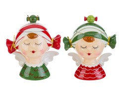 Scatola porta caramelle natalizia in ceramica smaltata a forma di angioletto con codini a caramella in varianti rosso e verde
