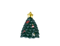 Vassoio natalizio sagomato in ceramica verde a forma di albero di Natale con stella dorata e addobbi natalizi in rilievo