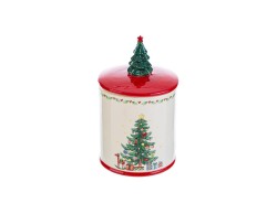 Scatola porta biscotti in ceramica avorio con illustrazione albero di Natale e coperchio rosso con impugnatura ad alberello