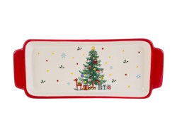 Vassoio rettangolare in ceramica avorio con manici rossi e illustrazione di albero di Natale con regali