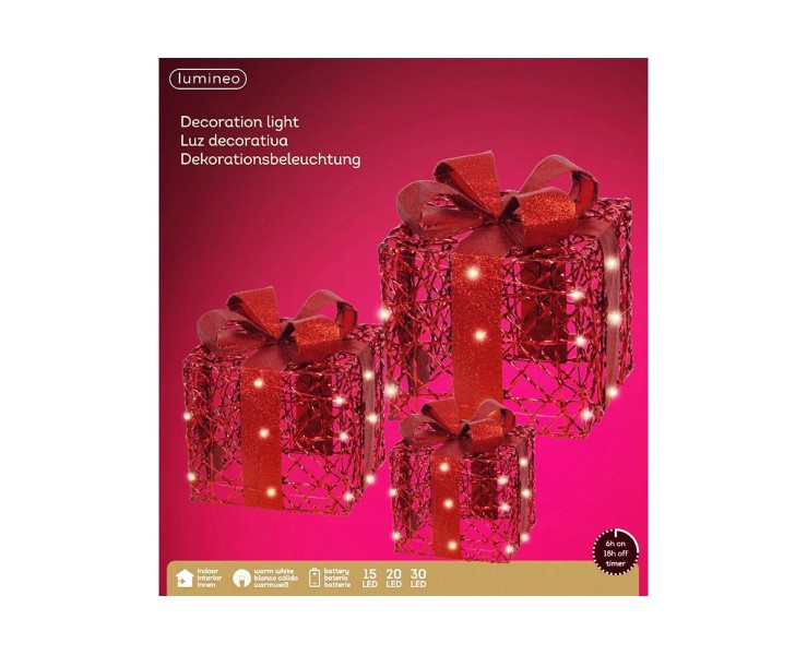 Set 3 Pacchi Regalo Natalizi Luminosi Rossi con LED Luce Calda e Timer – Decorazione Natalizia le Stelle su Bomboniere Dolci Emozioni