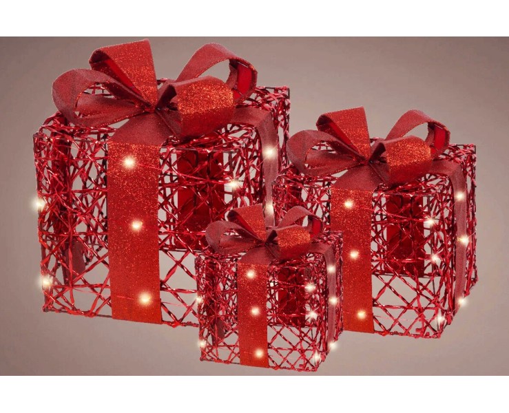 Set 3 Pacchi Regalo Natalizi Luminosi Rossi con LED Luce Calda e Timer – Decorazione Natalizia le Stelle su Bomboniere Dolci Emozioni